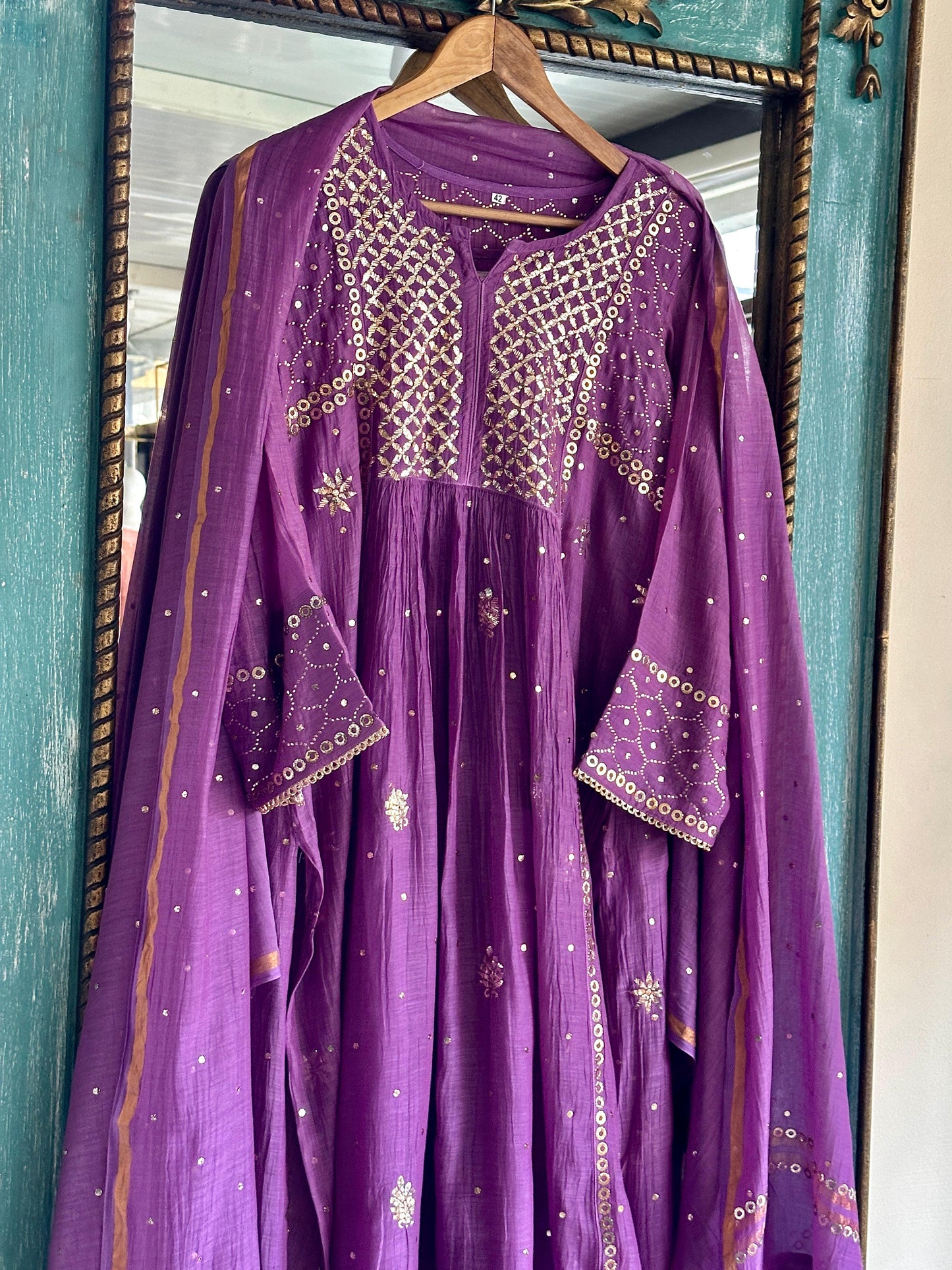 Deep Purple Shade Mukaish Mul Chanderi Silk Dress