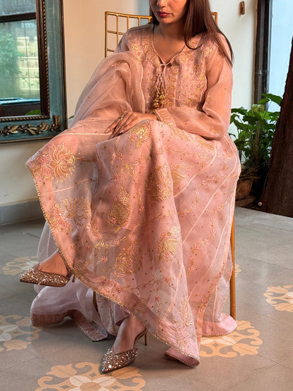 Dusty Peach Shade Noor Organza Chikankari Anarkali