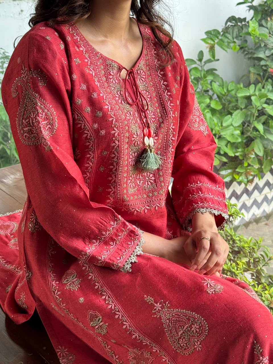 Brick Red Moonga Silk Chikankari Anarkali With Dupatta