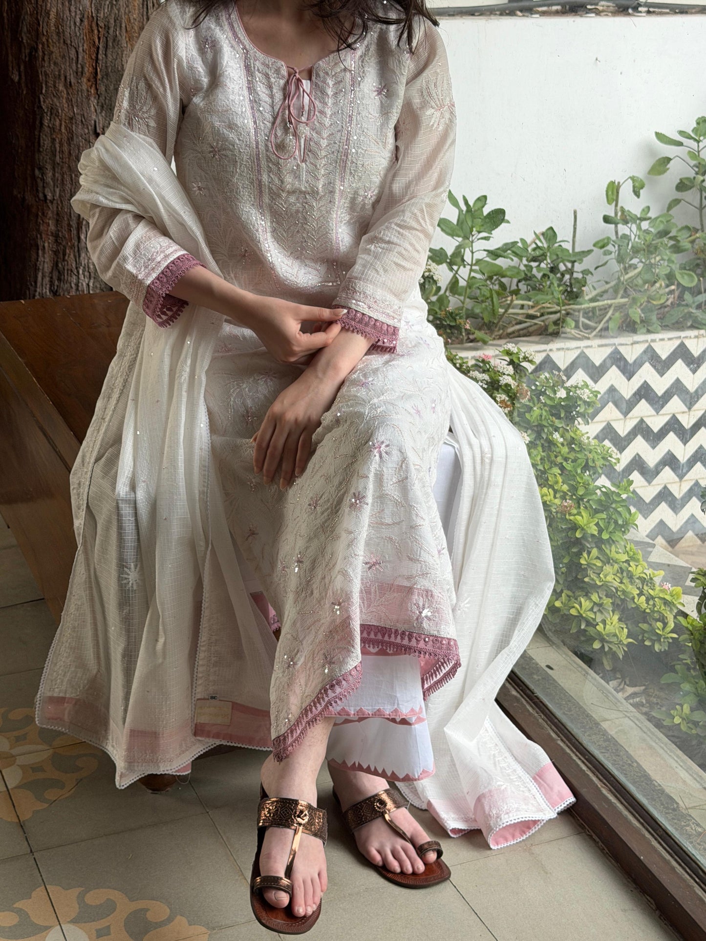 Powder Mauve Shade Kota Pearl Work Chikankari Kurta Set