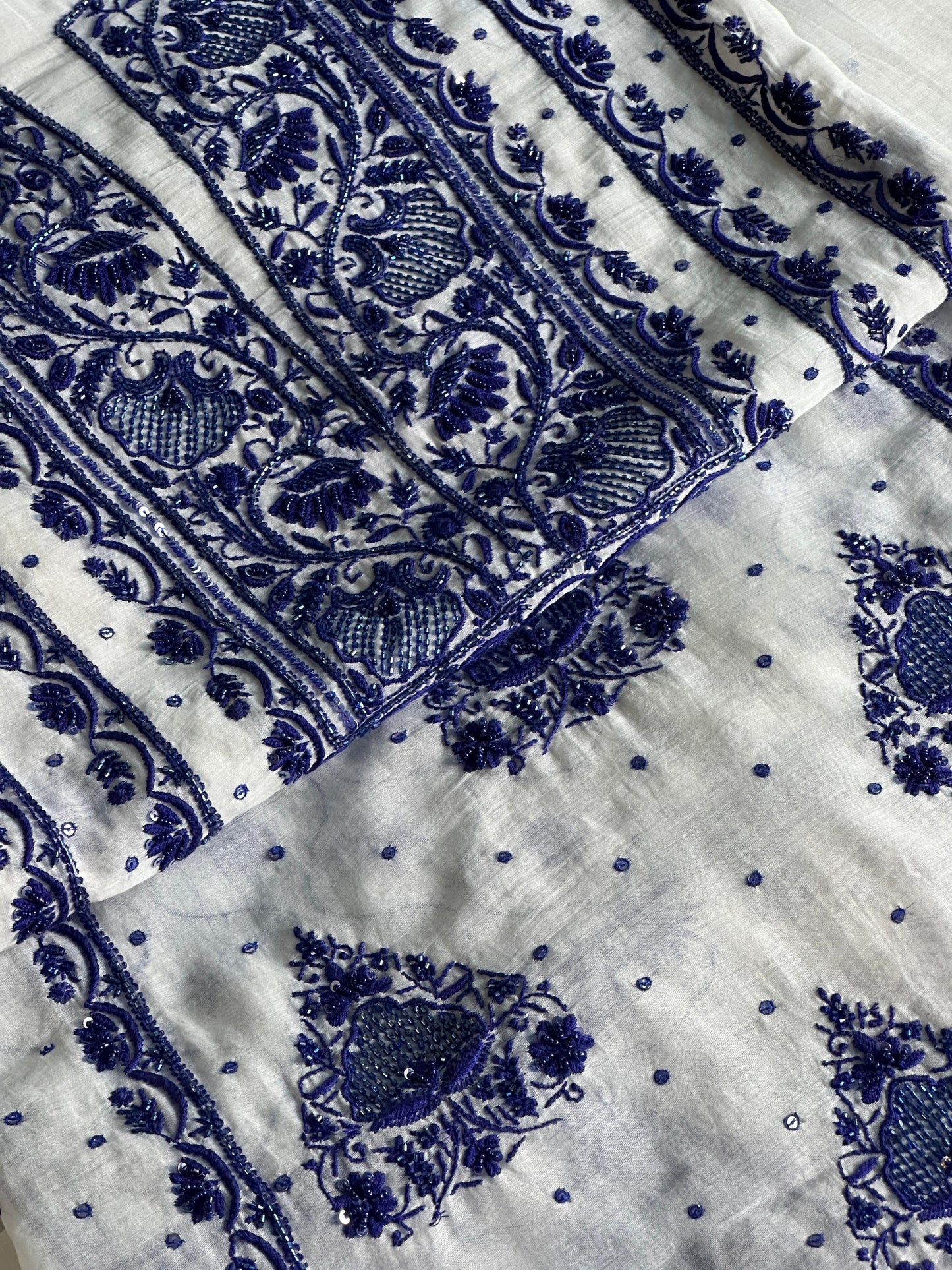 Indigo White Mal Chanderi Silk Chikankari Unstitched Fabric