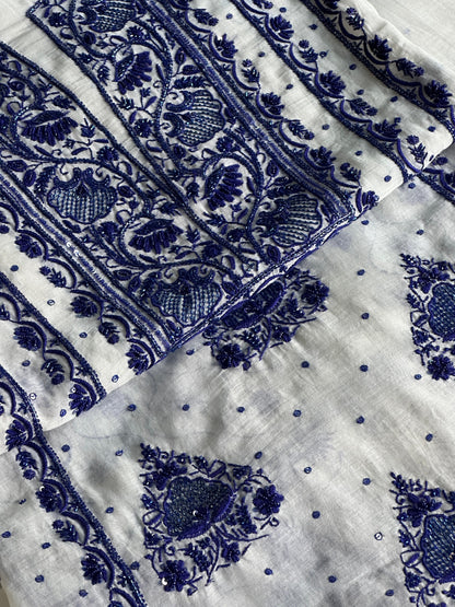 Indigo White Mal Chanderi Silk Chikankari Unstitched Fabric