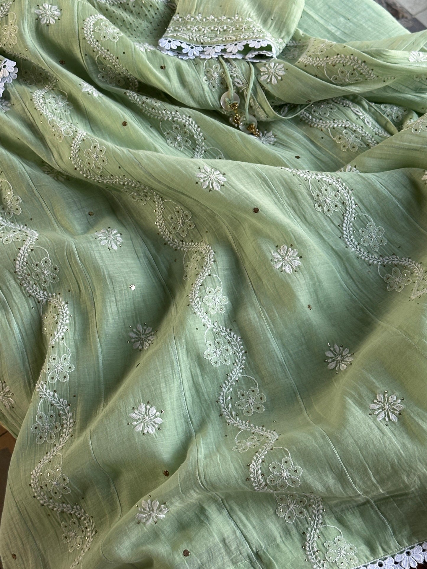 Mint Green Shade Malmal Mukaish Kamdani Chikankari Kalidar Angarkha