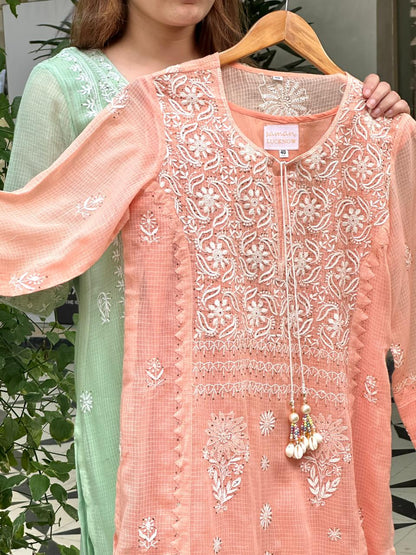 Peach Shade Kota Applique Chikankari Kurta Dupatta Set
