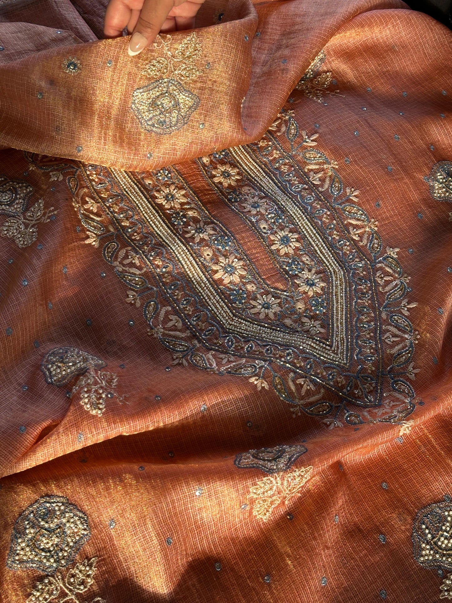 Burnt Peach Shade Tissue Silk Kota Chikankari Unstitched Fabric
