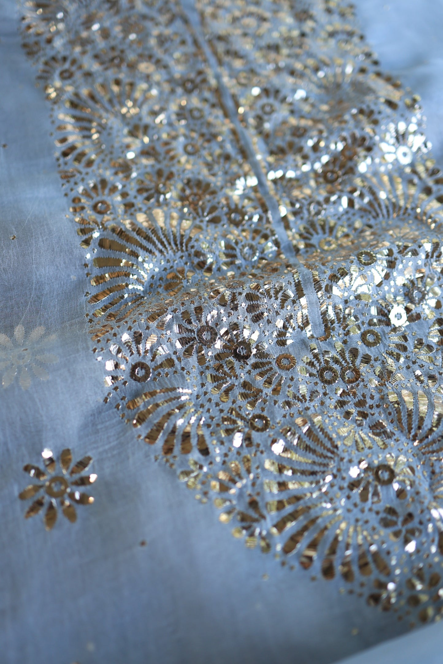 Powder Blue Shade Noor Organza Silk Badla Unstitched Kurta Dupatta Set