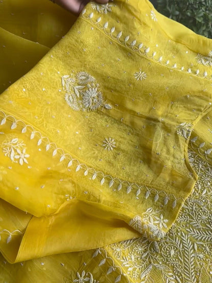 Yellow Noor Organza Silk Chikankari Straight Cut Kurta Dupatta Set