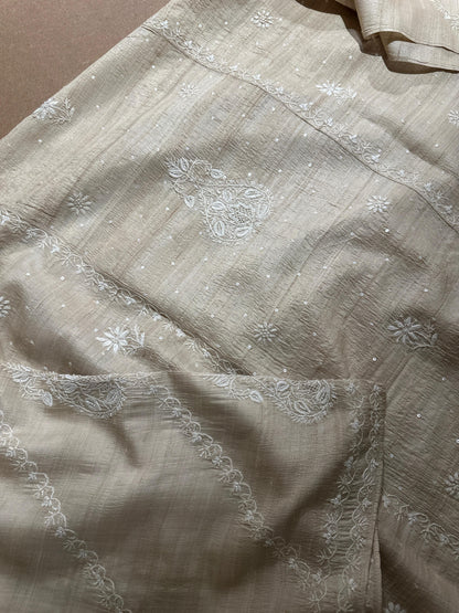 Semi Stitched Natural Shade Tussar Silk Chikankari Kurta Dupatta Set