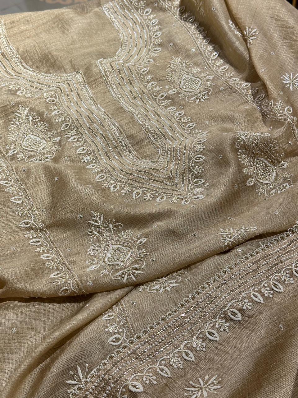 Beige Rasm Tussar Kota Chikankari Unstitched Chikankari Fabric
