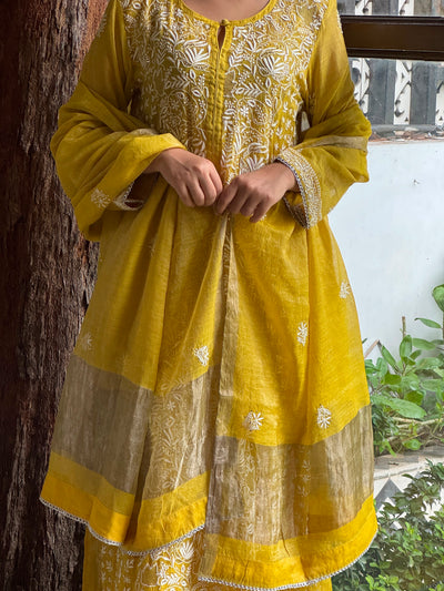 Yellow Tissue Silk Chikankari Straight Cut Kurta Dupatta Set