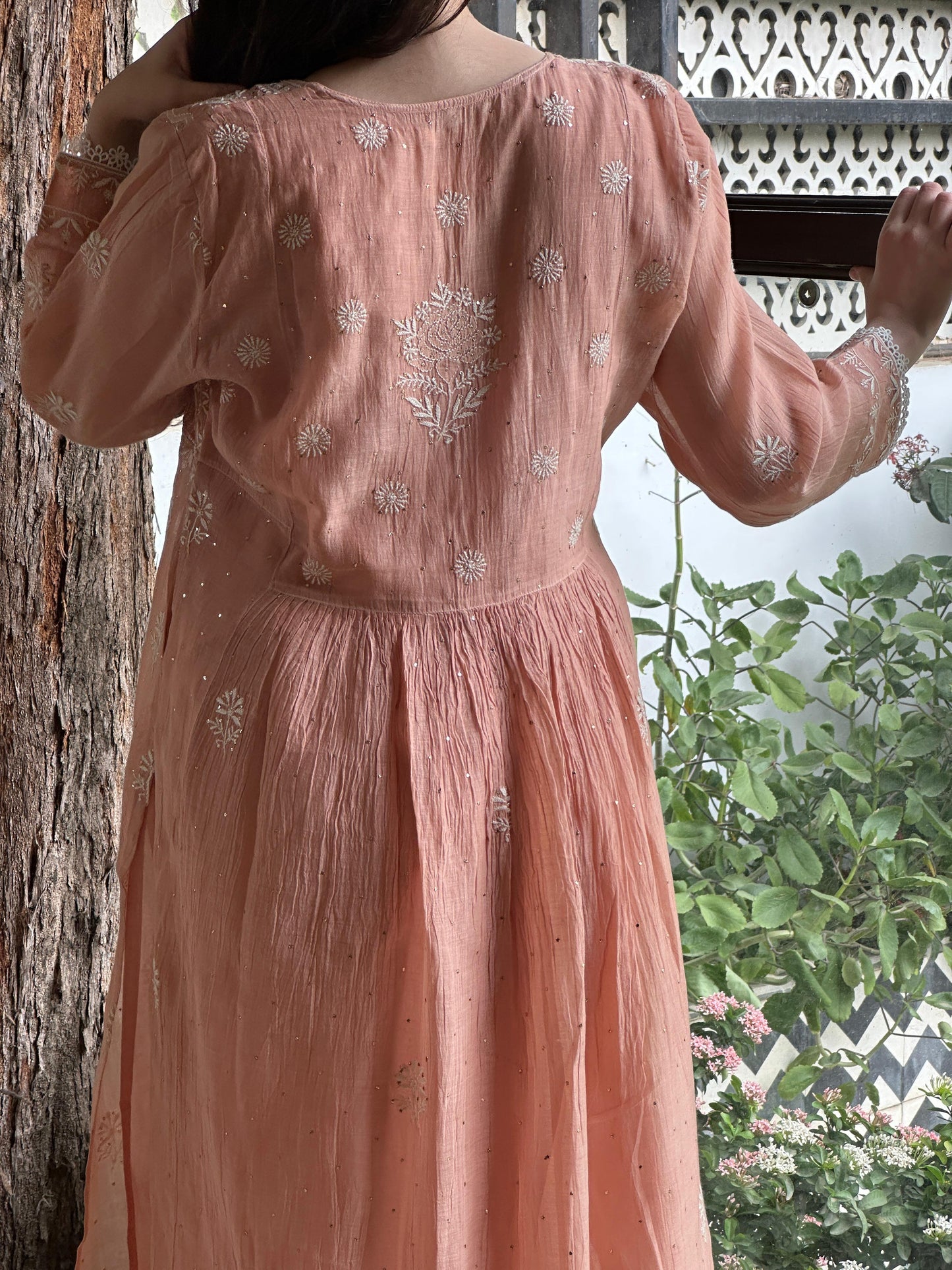 Peach Shade Malmal Mukaish Kamdani Kurta Set