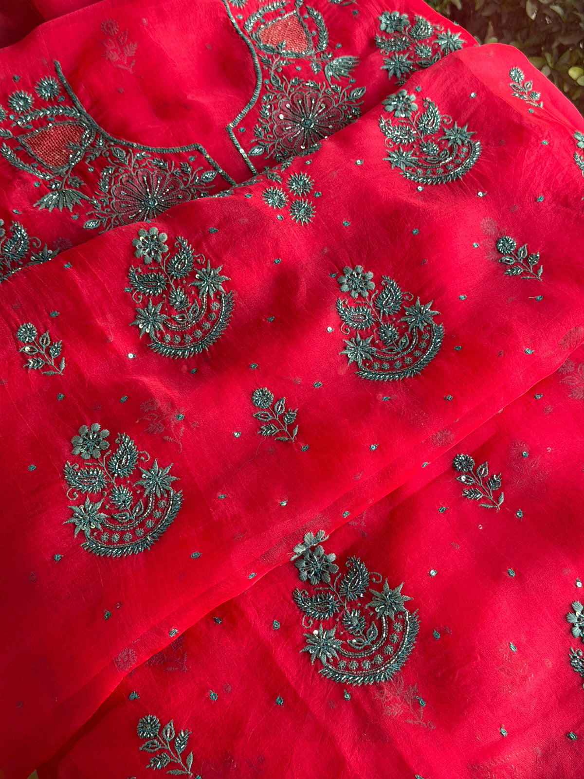 Watermelon Shade Noor Organza Silk Chikankari Unstitched Kurta Dupatta Set