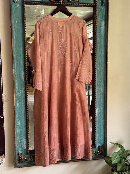 Coral Peach Zari Chanderi Chikankari A Line Kurta with Slip
