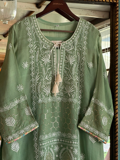 Green Shade Kota Applique Chikankari Kurta Dupatta Set