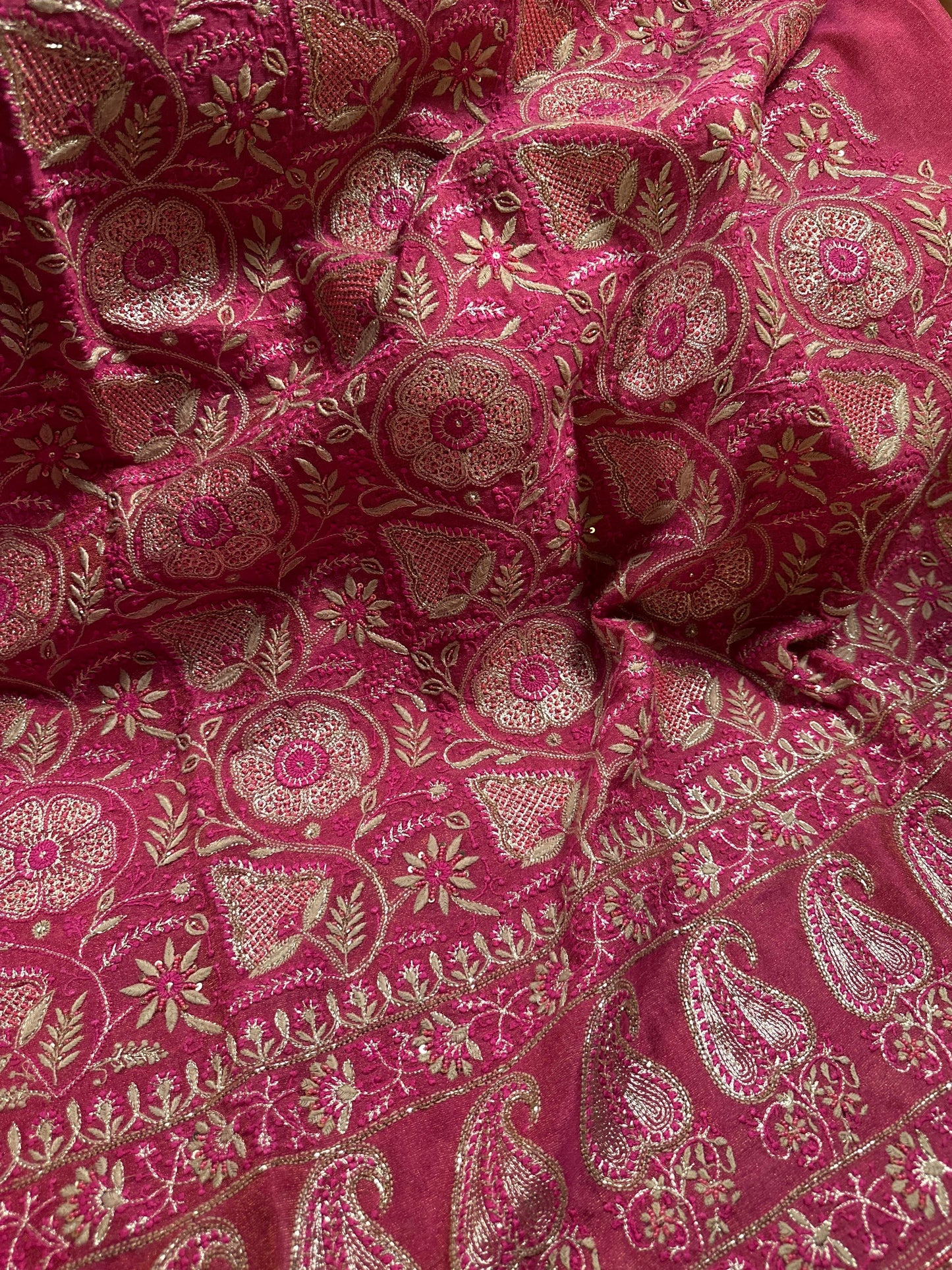 Hot Pink Tissue Silk Chikankari Unstitched Fabric