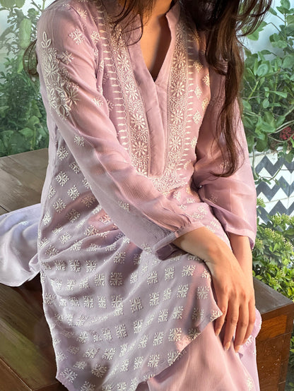 Lavender Chiffon Afghani Shalwar Chikankari Coord Set - Fine Chikankari Work