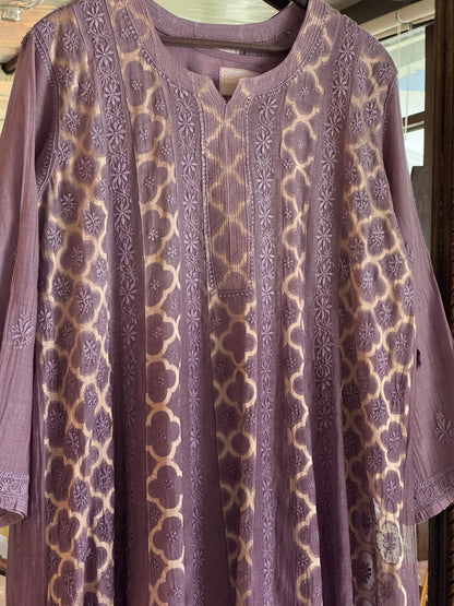 Purple Lavender Zari Chanderi Chikankari A Line Kurta with Slip