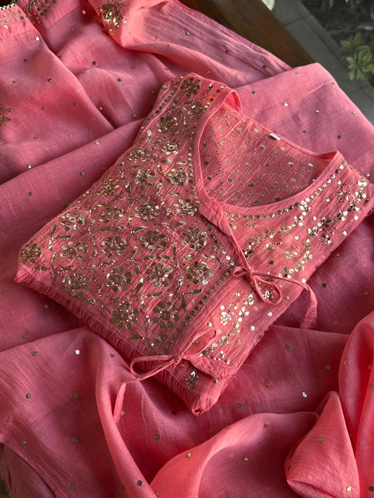 Carrot Pink Mukaish Mul Chanderi Silk Ready To Wear Dress