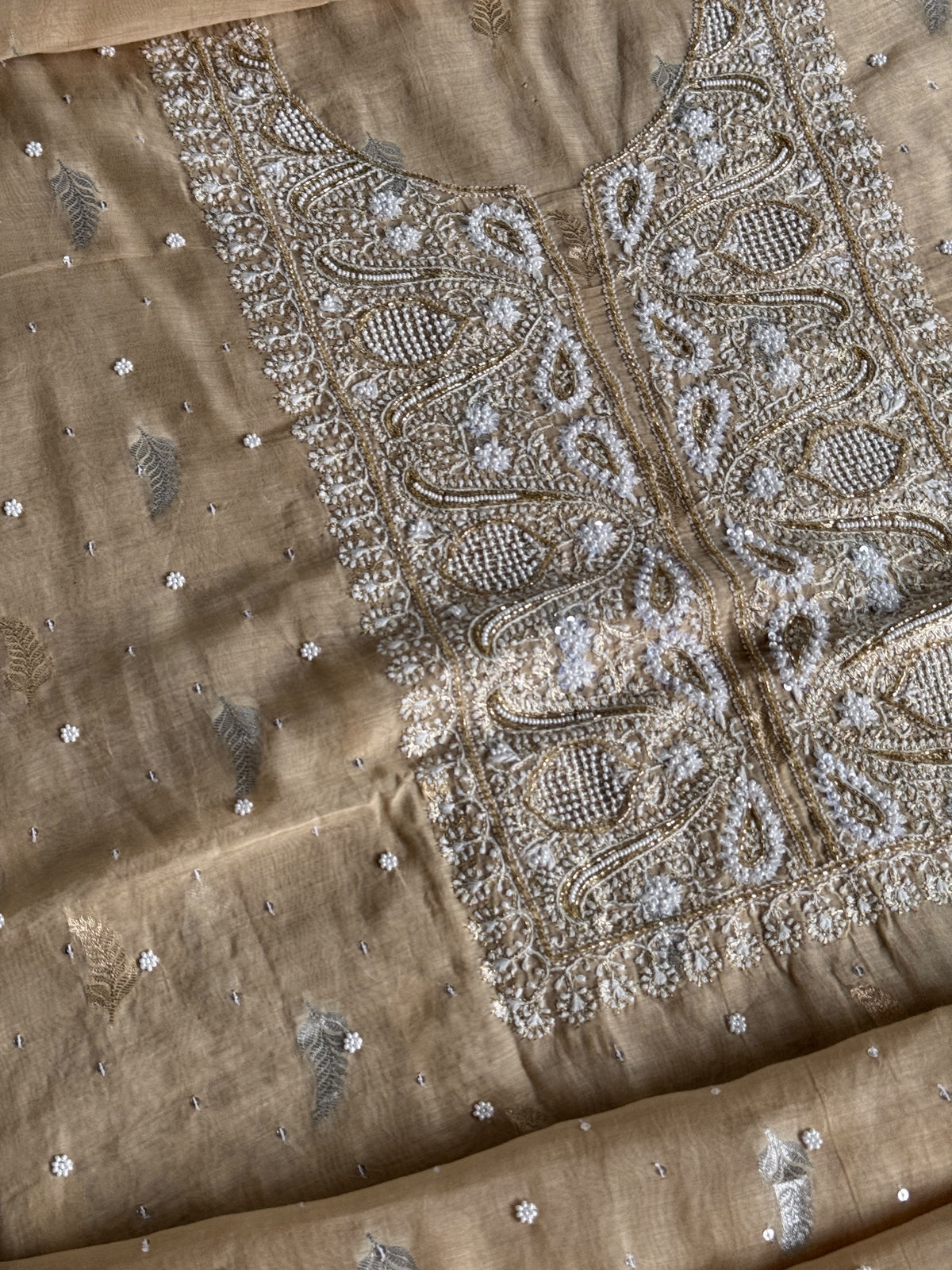 Beige Shade Banarasi Zari Chanderi Unstitched Chikankari Fabric