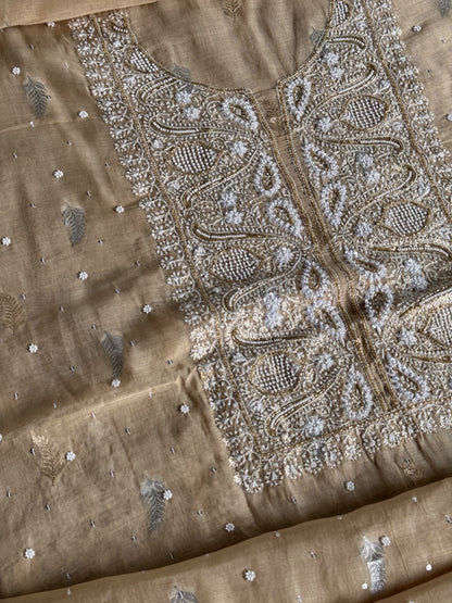 Beige Shade Banarasi Zari Chanderi Unstitched Chikankari Fabric