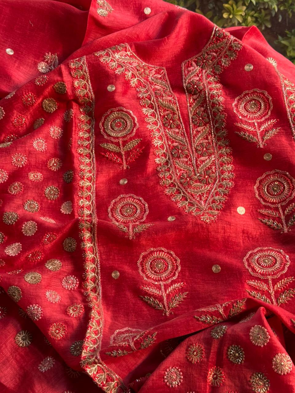 Brick Red Linen Silk Chikankari With Ari Work Unstitched Kurta Dupatta Set