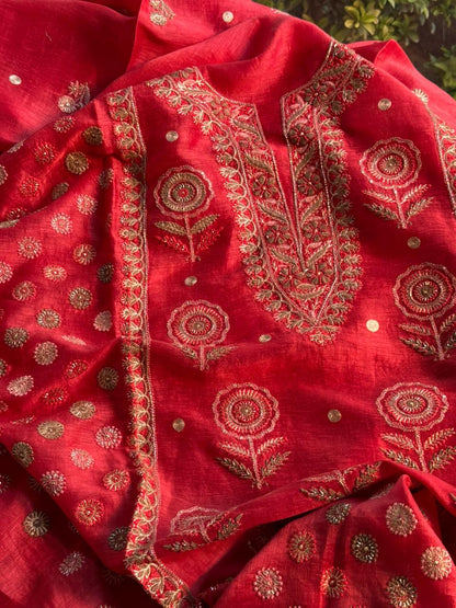 Brick Red Linen Silk Chikankari With Ari Work Unstitched Kurta Dupatta Set