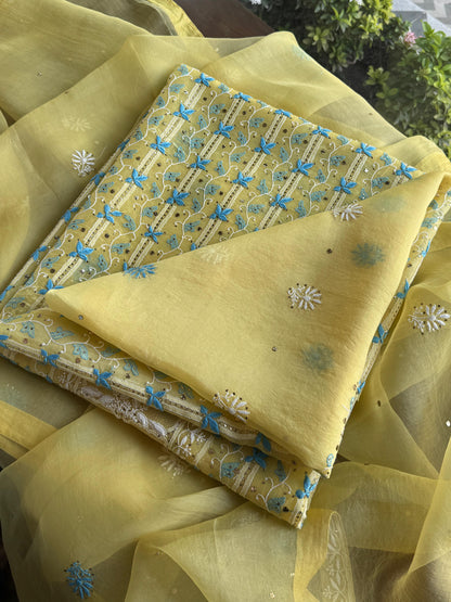 Lemon Yellow & Aqua Noor Organza Silk Chikankari With Kamdani Fabric