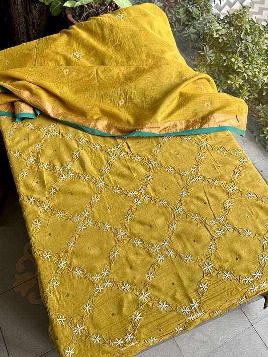 Mustard Yellow Shade Chanderi Chikankari Saree