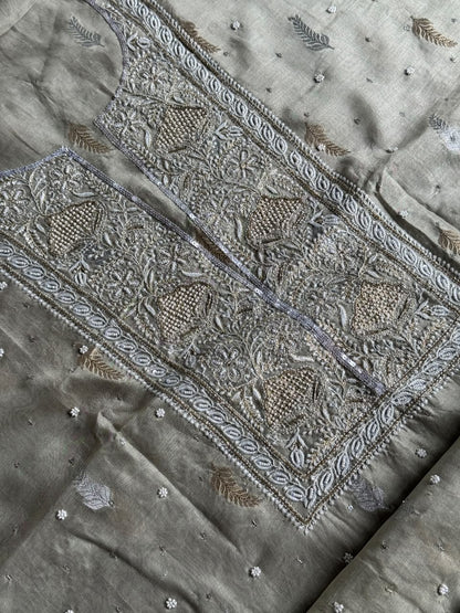 Grey Shade Banarasi Zari Chanderi Unstitched Chikankari Fabric