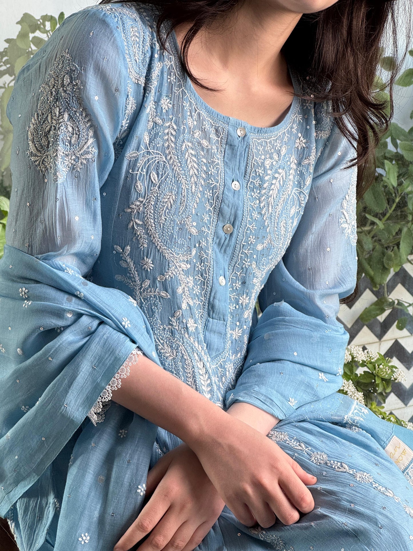Powder Blue Shade Malmal Pearl Work Chikankari Anarkali