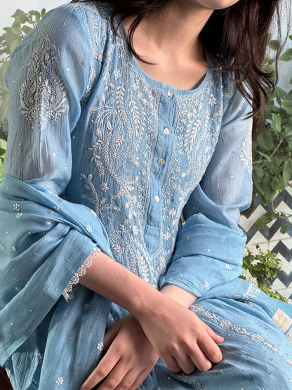 Powder Blue Shade Malmal Pearl Work Chikankari Anarkali