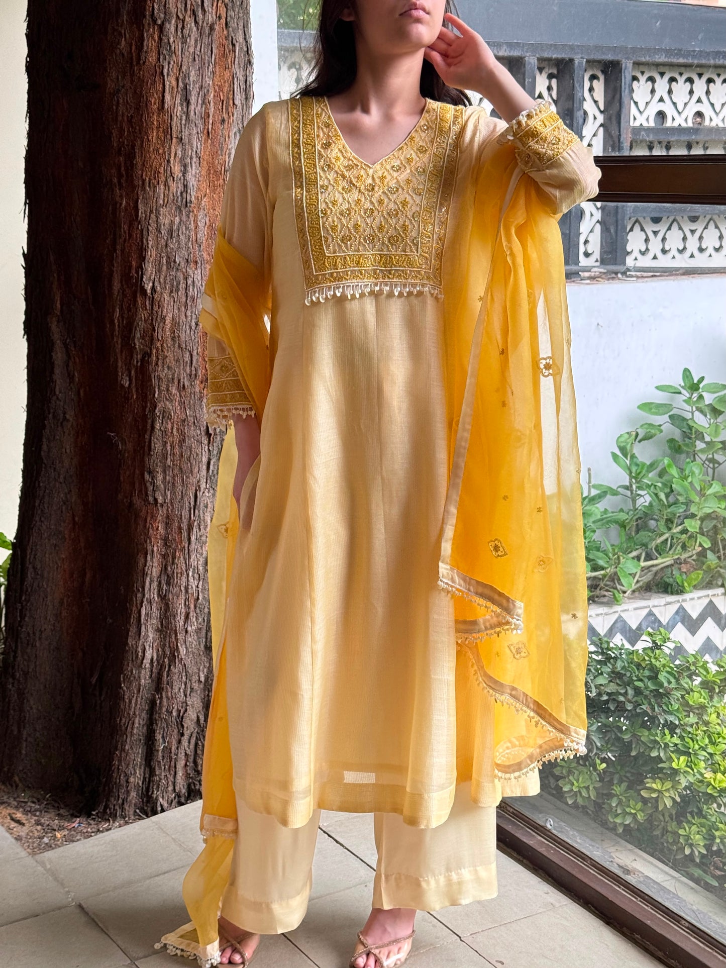 Butter Yellow Maheshwari Chikankari Kalidar Kurta Set
