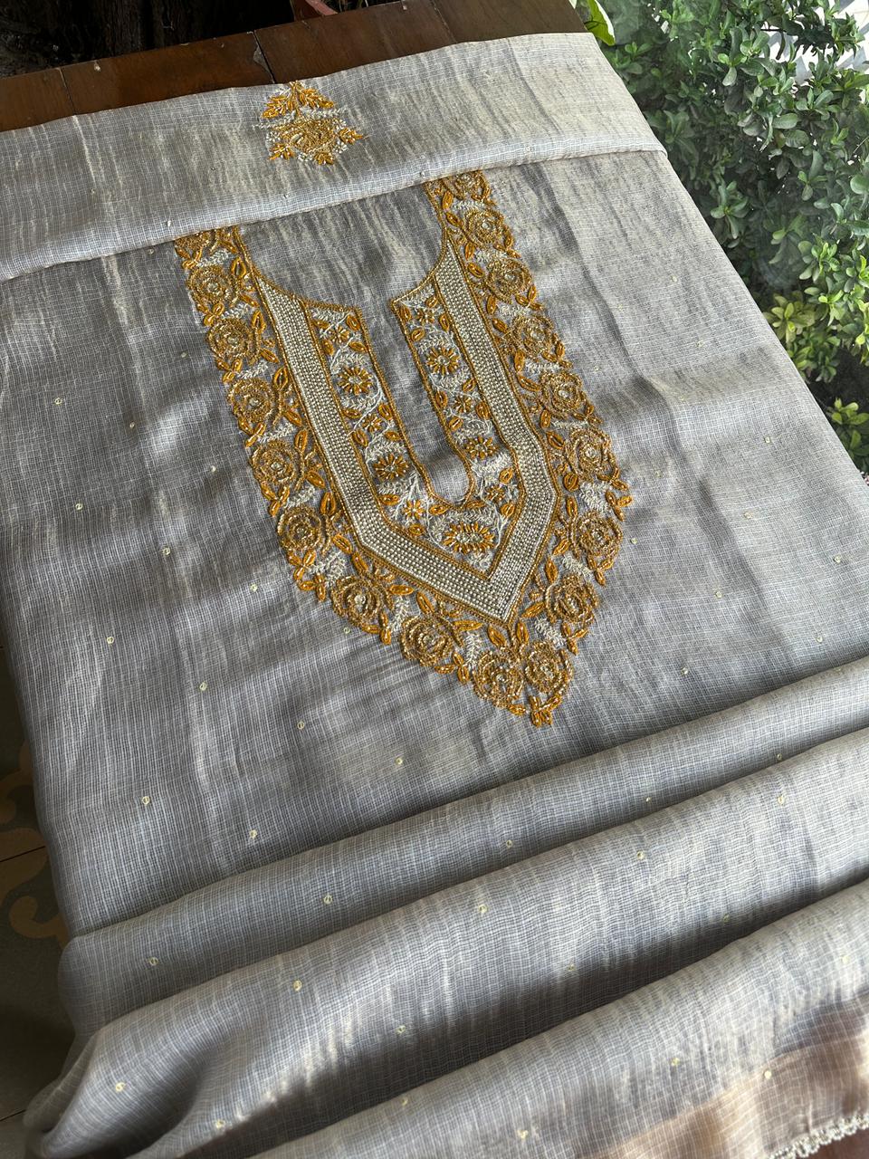 Grey & Mustard Shade Tissue Kota Chikankari Unstitched Fabric