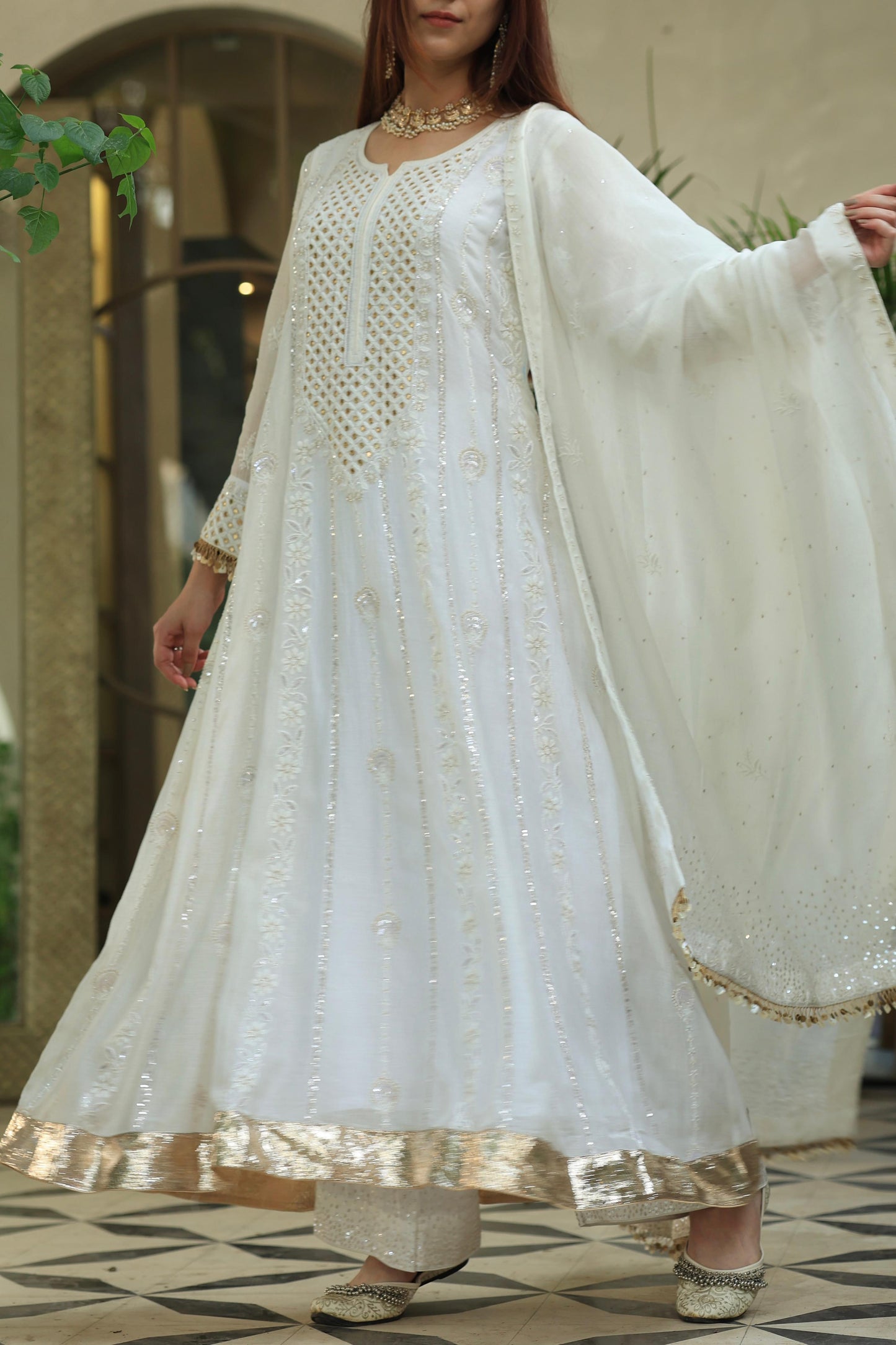White Malmal Pearl Work Chikankari A Line Kalidar Kurta With Dupatta