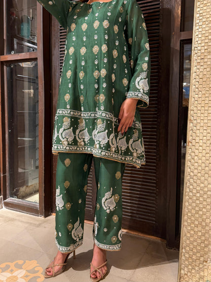 Green Zari Chanderi Chikankari Co-Ord Set