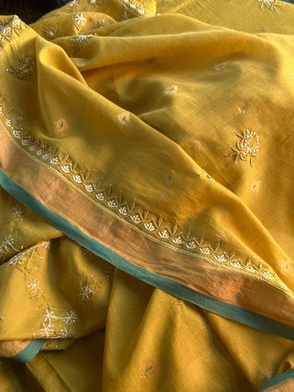 Mustard Yellow Shade Chanderi Chikankari Saree