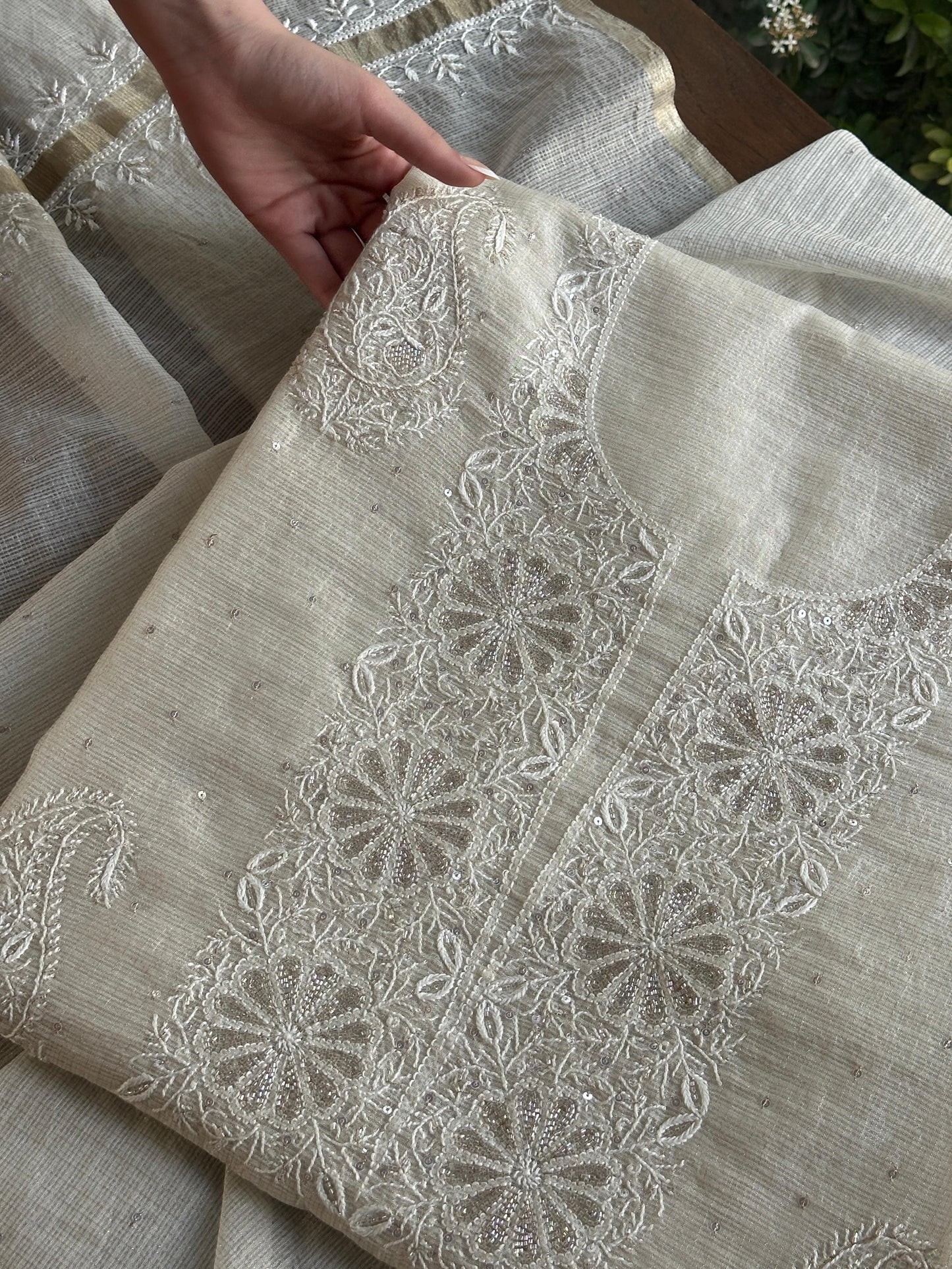 Off White Shade Tissue Zari Kota Chikankari Unstitched Fabric