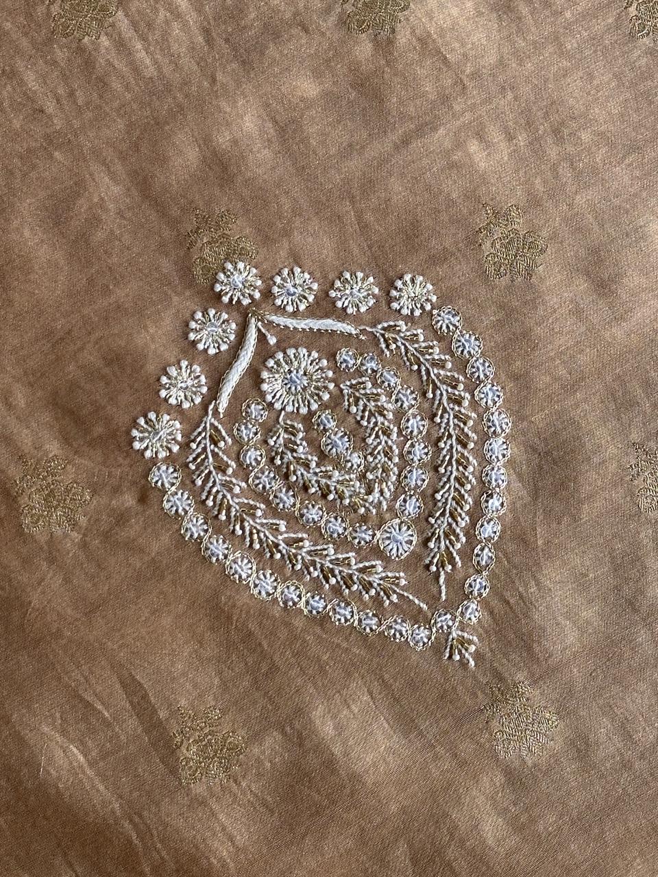 Tobacco Brown Shade Banarasi Zari Chanderi Unstitched Chikankari Fabric