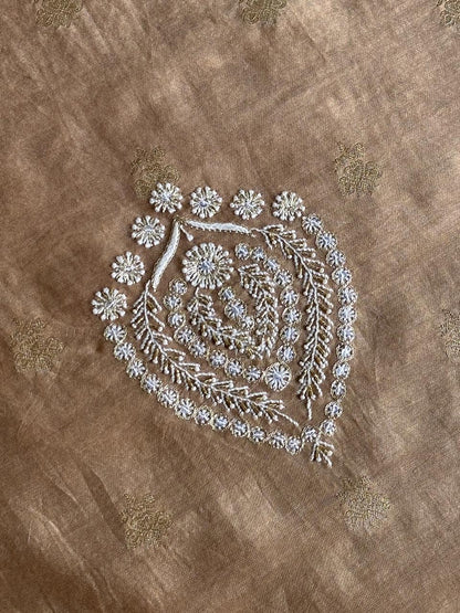 Tobacco Brown Shade Banarasi Zari Chanderi Unstitched Chikankari Fabric