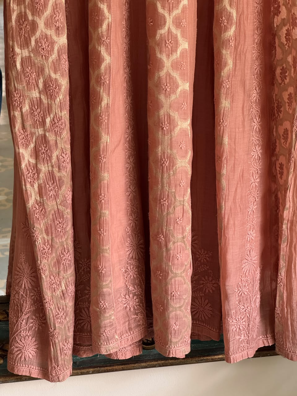 Coral Peach Zari Chanderi Chikankari A Line Kurta with Slip