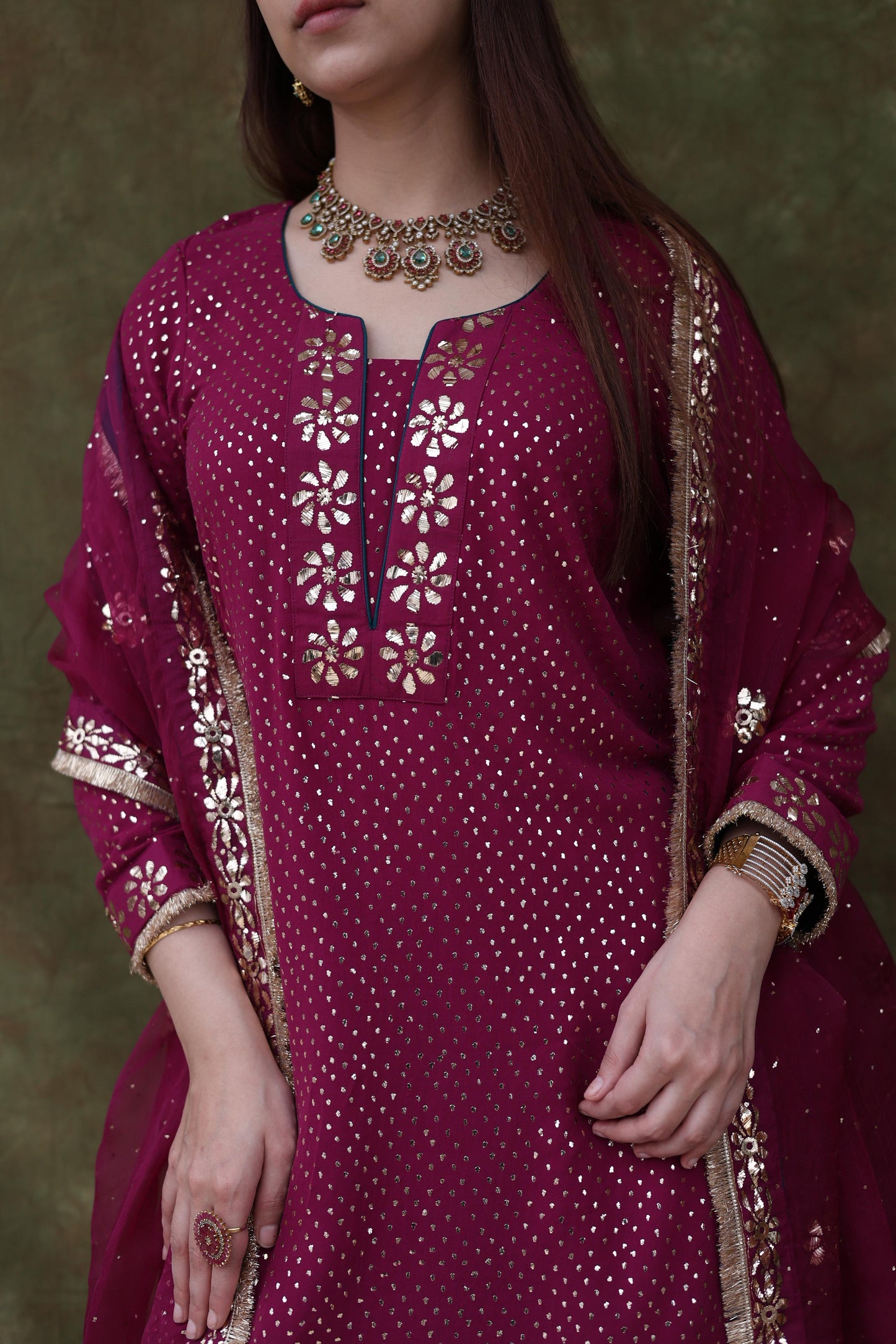 Mukaish Kamdani Plum shade Pure Georgette Kurta Gharara Set with Organza Dupatta