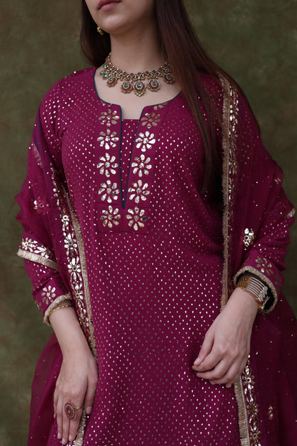 Mukaish Kamdani Plum shade Pure Georgette Kurta Gharara Set with Organza Dupatta