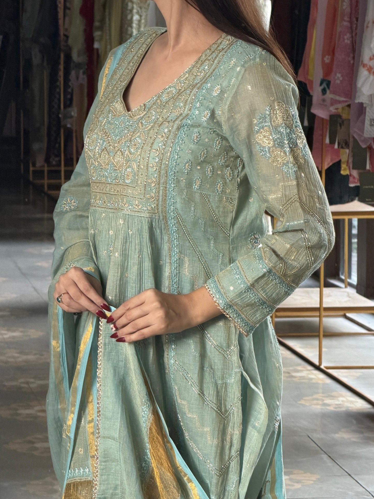 Cement Shade Tissue Silk Chikankari Bhopali Cut Kurta Dupatta Set