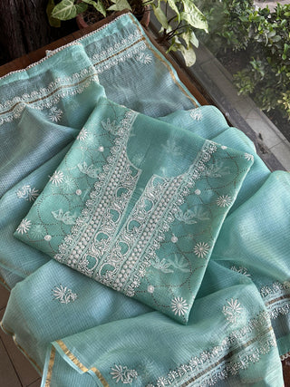 Sea Green Rasm Kota Tussar Chikankari Unstitched Chikankari Fabric