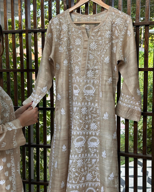 Natural Beige Tussar Silk Chikankari Ready to Wear Kurta