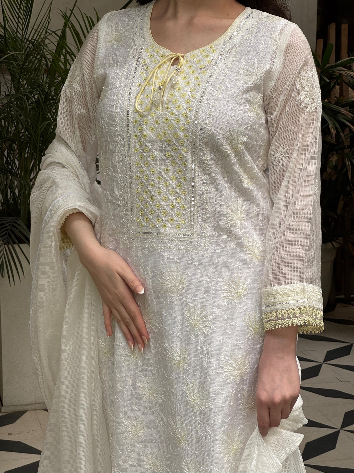 White & Lemon Shade Kota Pearl Work Chikankari Kurta Set