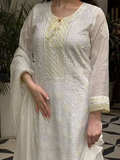White & Lemon Shade Kota Pearl Work Chikankari Kurta Set