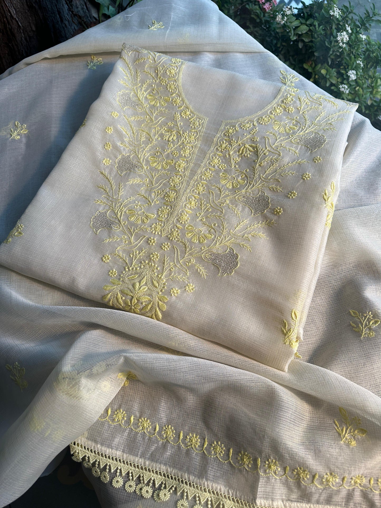 White & Lemon Kota Chikankari Unstitched Fabric