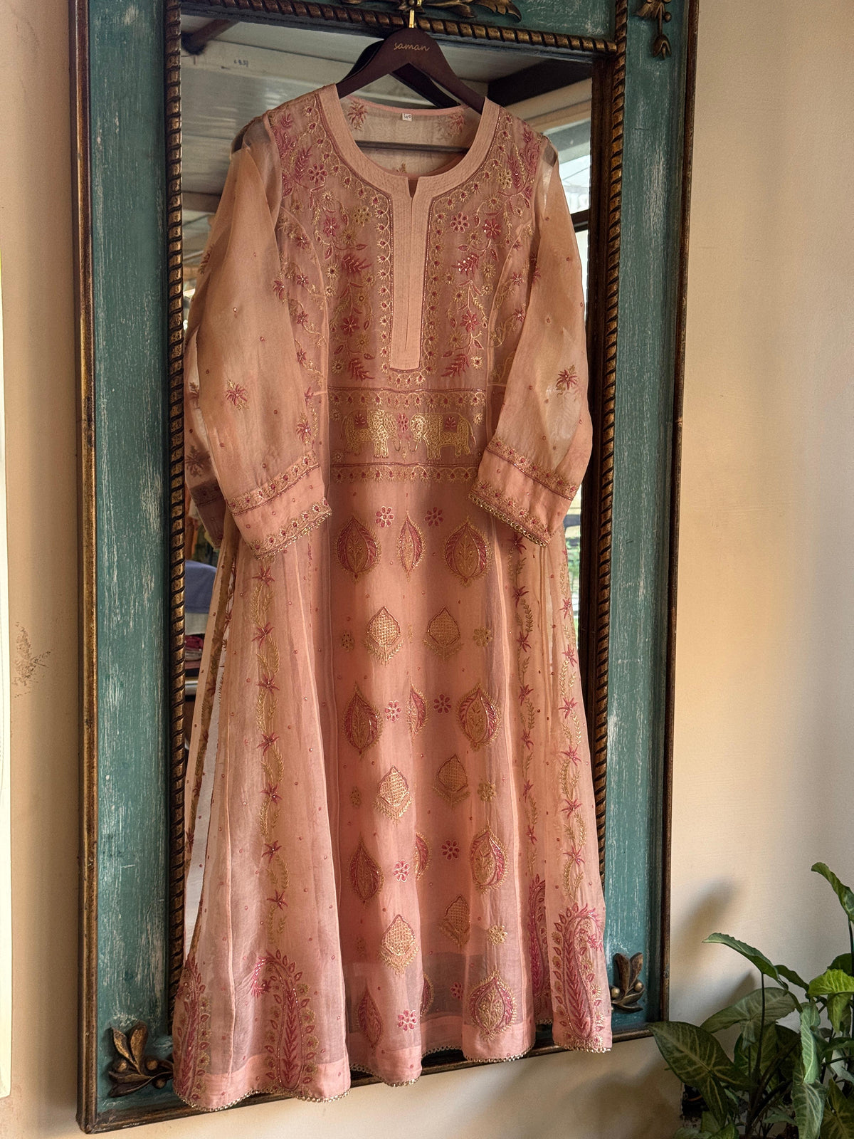 Pearl Peach Shade Noor Organza Chikankari A Line Kurta With Dupatta