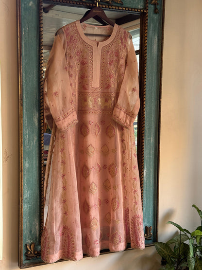 Pearl Peach Shade Noor Organza Chikankari A Line Kurta With Dupatta